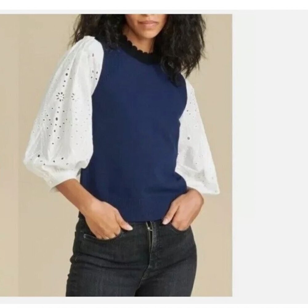 Veronica Beard Roy Mixed Media Eyelet Sleeve Sweater Navy White